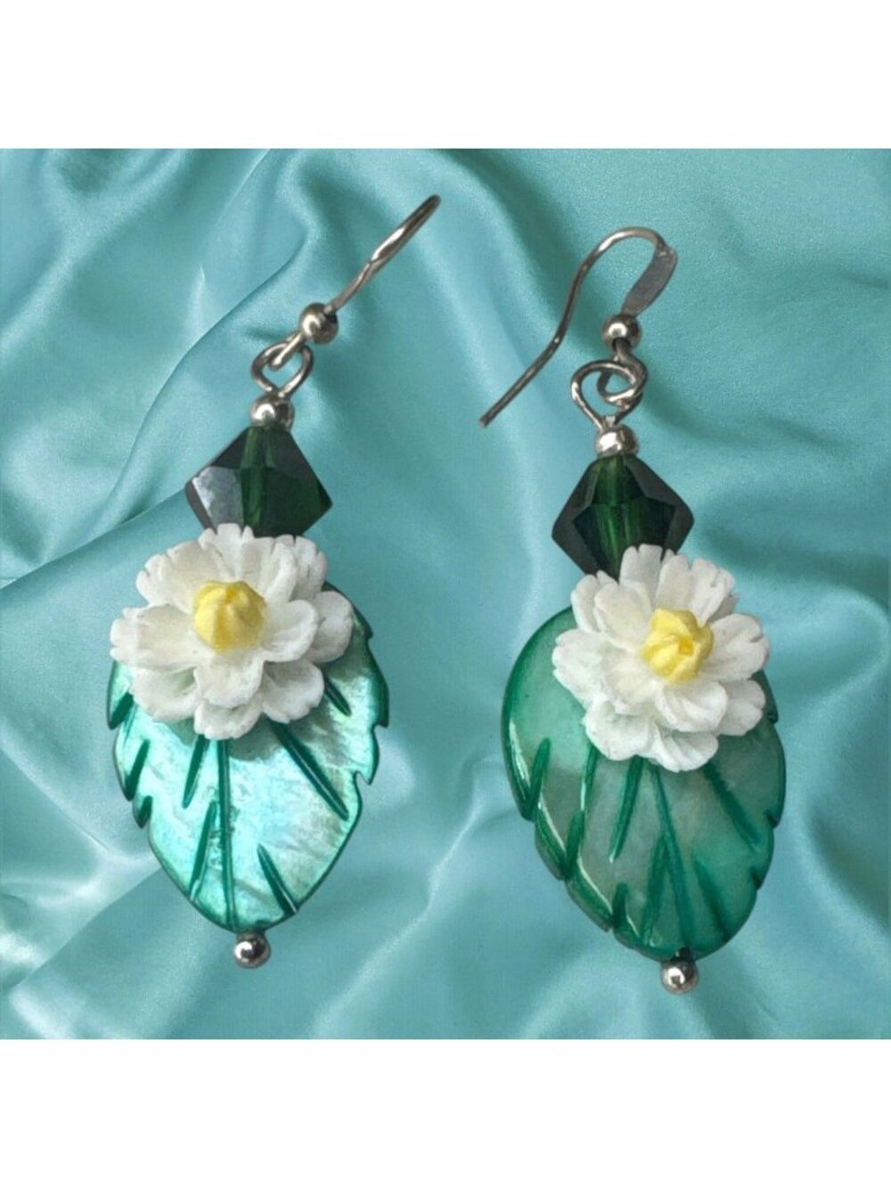 Handcrafted Green Leaf & White Flower Drop Earrings With Decorative Bead Accents